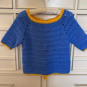 Vintage crochet blue yellow trim sweater size S